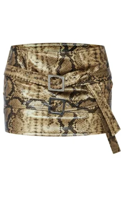 Brown Snakeskin Faux Leather Buckle Detail Extreme Micro Mini Skirt