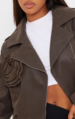 Brown Soft Faux Leather Flower Detail Crop Jacket