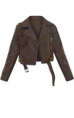 Brown Soft Faux Leather Flower Detail Crop Jacket