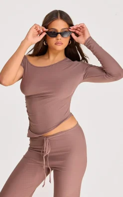 Brown Soft Touch Boat Neck Long Top