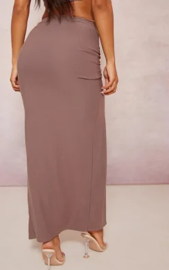 Brown Soft Touch Ruched Knot Detail Split Leg Midaxi Skirt
