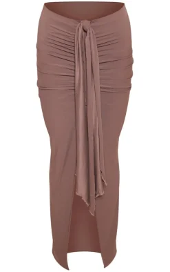 Brown Soft Touch Ruched Knot Detail Split Leg Midaxi Skirt
