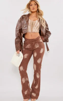 Brown Splatter Cut Out Waistband Flared Jeans