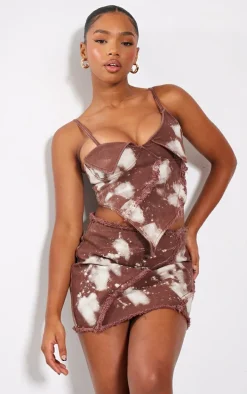 Brown Splatter Fray Asymmetric Hem Denim Crop Top