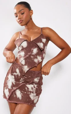Brown Splatter Fray Denim Mini Skirt