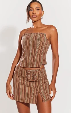 Brown Stripe Belted Denim Mini Skirt