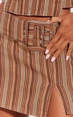 Brown Stripe Belted Denim Mini Skirt