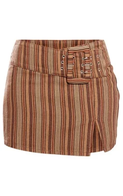 Brown Stripe Belted Denim Mini Skirt