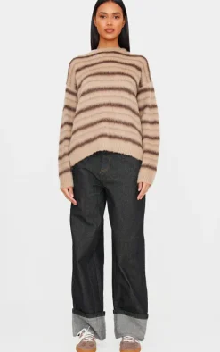 Brown Stripe Fluffy Knit Oversized Sweater