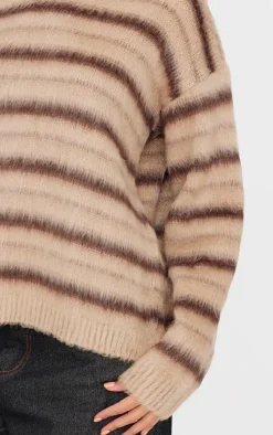 Brown Stripe Fluffy Knit Oversized Sweater