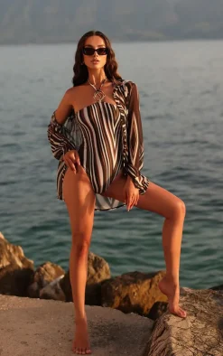 Brown Stripe Print Chiffon Oversized Beach Shirt