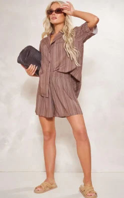 Brown Stripe Print Woven Piping Detail Floaty Shorts
