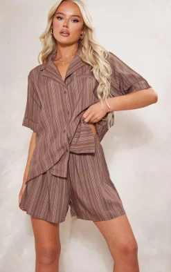 Brown Stripe Print Woven Piping Detail Floaty Shorts