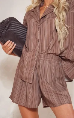 Brown Stripe Print Woven Piping Detail Floaty Shorts