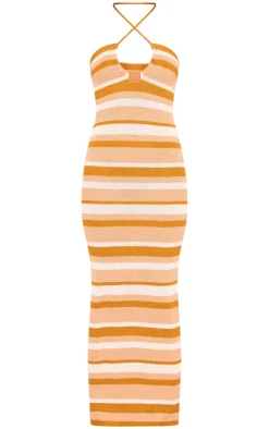 Brown Stripe Towel Knit Halterneck Maxi Dress