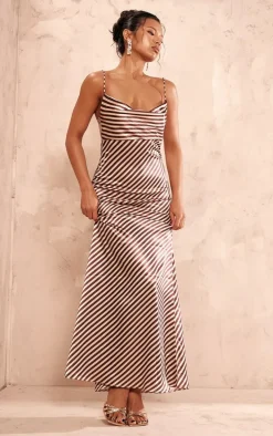 Brown Striped Satin Cowl Neck Maxi Dress