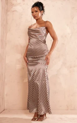 Brown Striped Satin Cowl Neck Maxi Dress