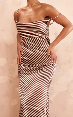 Brown Striped Satin Cowl Neck Maxi Dress