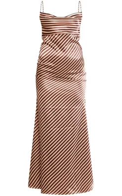 Brown Striped Satin Cowl Neck Maxi Dress