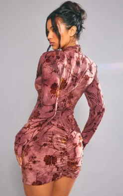 Brown Structured Devore Soft Touch Mini Dress