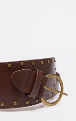 Brown Stud Detail Cross Over Buckle Waist Belt