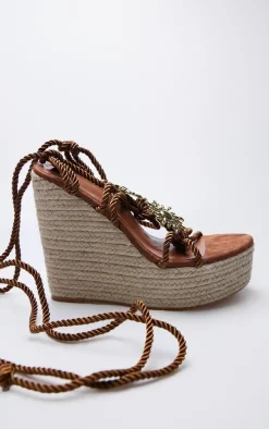 Brown Sun Charm Rope Lace Up Heeled Espadrille Wedges
