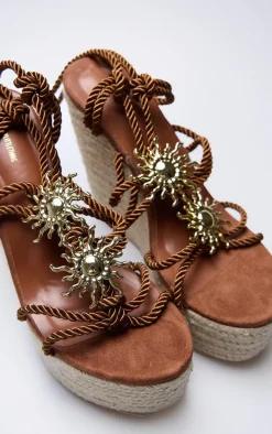 Brown Sun Charm Rope Lace Up Heeled Espadrille Wedges