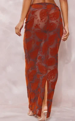 Brown Swirl Devore Mesh Maxi Skirt