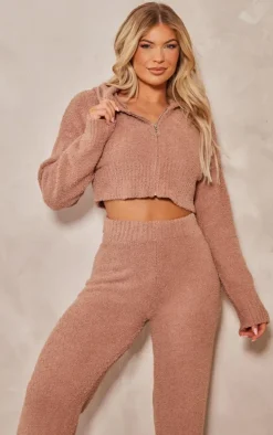 Brown Teddy Knit Cropped Zip Hoodie