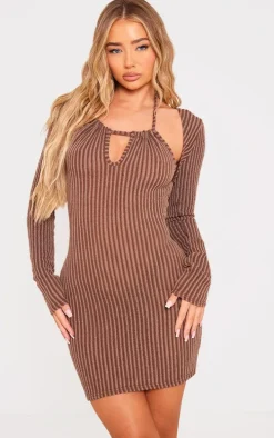 Brown Textured Cut Out Halter Neck Mini Dress