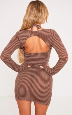 Brown Textured Cut Out Halter Neck Mini Dress
