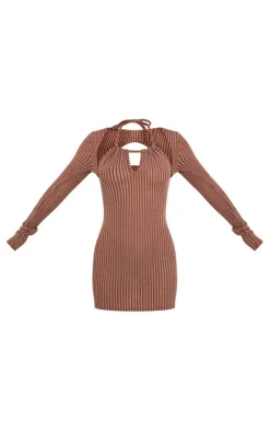 Brown Textured Cut Out Halter Neck Mini Dress