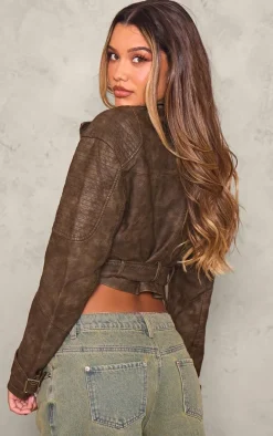 Brown Textured Faux Leather Quilted Detail Cropped Biker Jacket