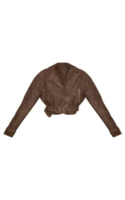 Brown Textured Faux Leather Quilted Detail Cropped Biker Jacket