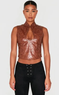 Brown Textured Faux Leather Keyhole Long Top