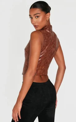 Brown Textured Faux Leather Keyhole Long Top