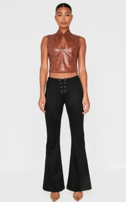 Brown Textured Faux Leather Keyhole Long Top