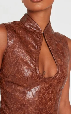 Brown Textured Faux Leather Keyhole Long Top