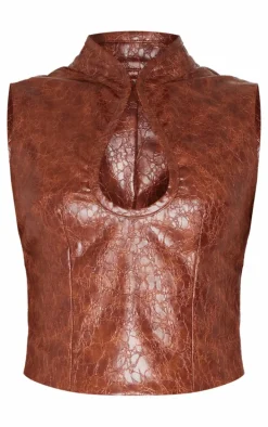 Brown Textured Faux Leather Keyhole Long Top