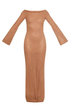 Brown Textured Flare Sleeve Maxi Dress