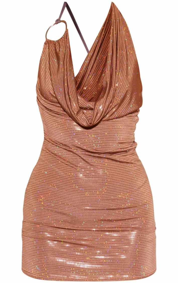Brown Textured Glitter Ring Detail Cowl Neck Bodycon Dress