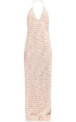 Brown Textured Halterneck Backless Maxi Dress