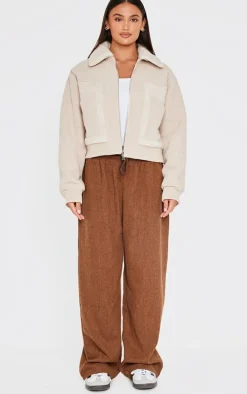Brown Textured Low Rise Drawstring Straight Leg Pants