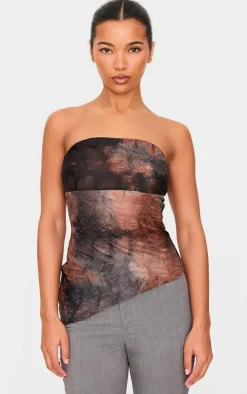 Brown Textured Mesh Asymmetric Hem Bandeau