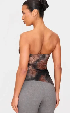 Brown Textured Mesh Asymmetric Hem Bandeau