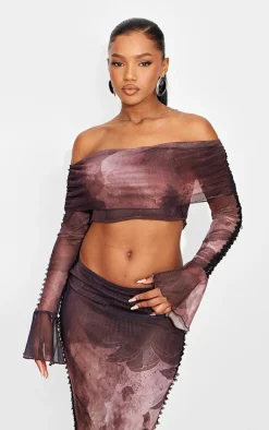Brown Textured Print Bardot Crop Top