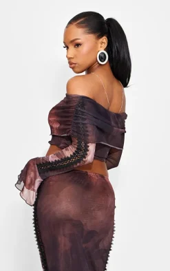 Brown Textured Print Bardot Crop Top