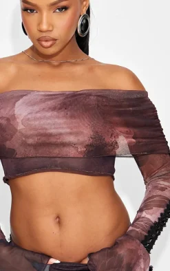 Brown Textured Print Bardot Crop Top