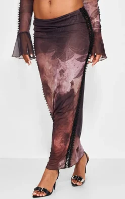 Brown Textured Print Low Rise Maxi Skirt