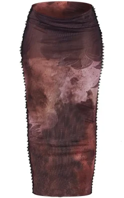 Brown Textured Print Low Rise Maxi Skirt